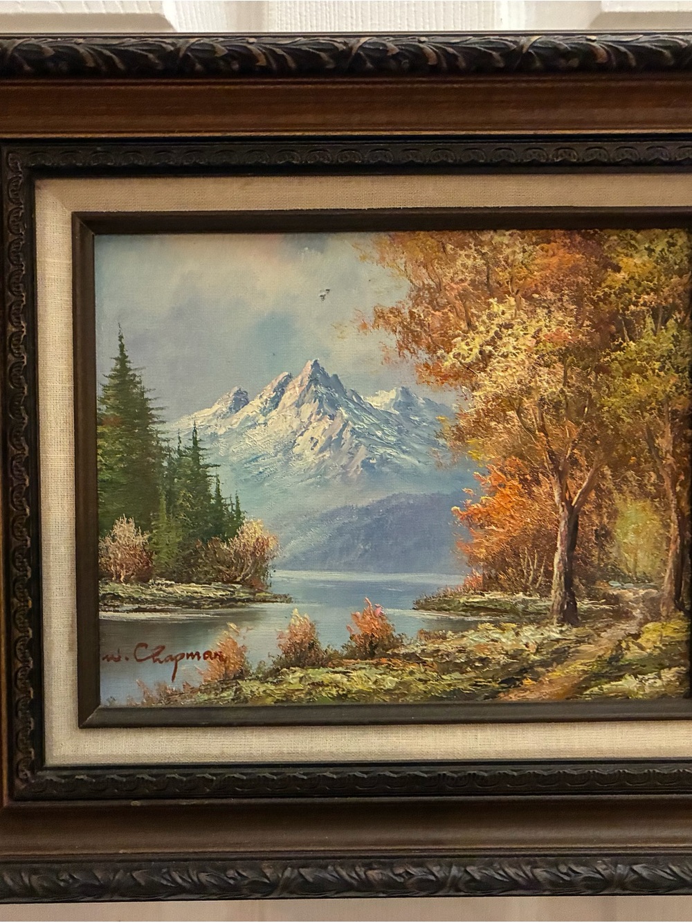 Vtg W.Chapman Original Framed Landscape Oil Painting Autumn Mountain Lake Signed